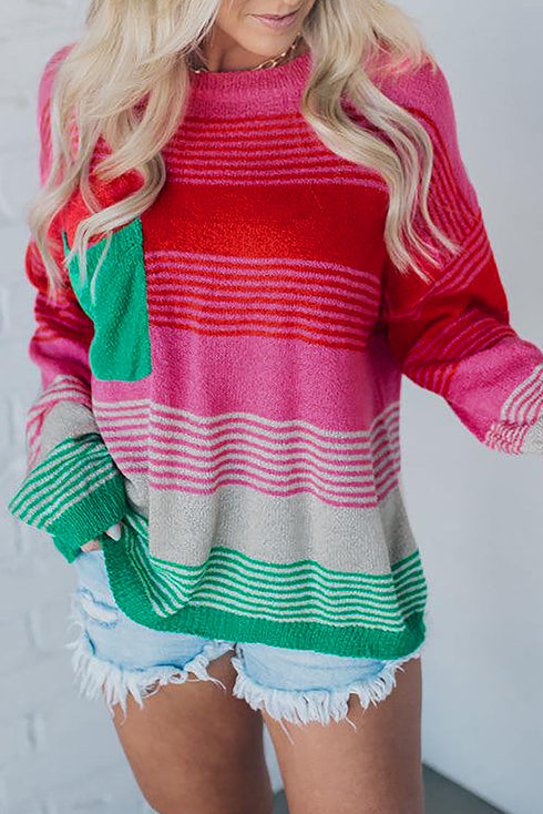 Soft Striped Knit Patch Pocket Pullover Sweater