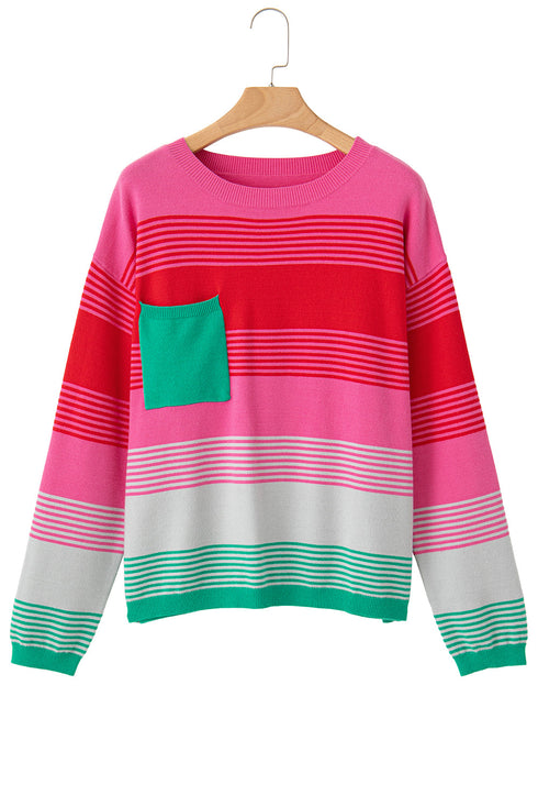 Soft Striped Knit Patch Pocket Pullover Sweater