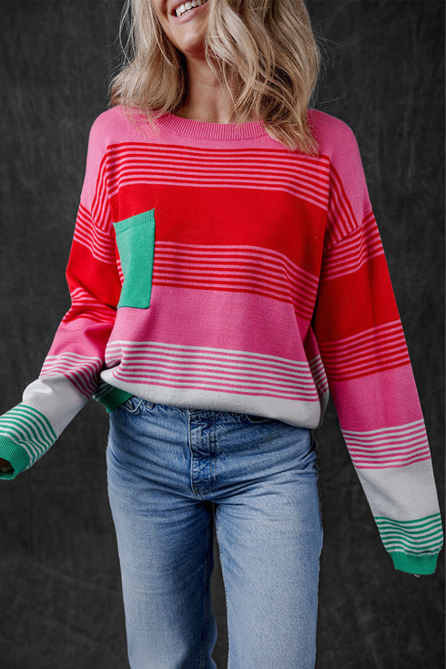 Soft Striped Knit Patch Pocket Pullover Sweater