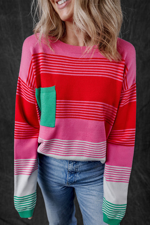Soft Striped Knit Patch Pocket Pullover Sweater