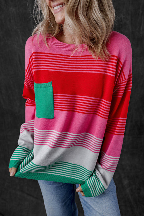 Soft Striped Knit Patch Pocket Pullover Sweater
