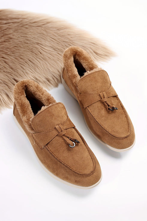 Soft Suede Furry Lined Slip On Flat Shoes