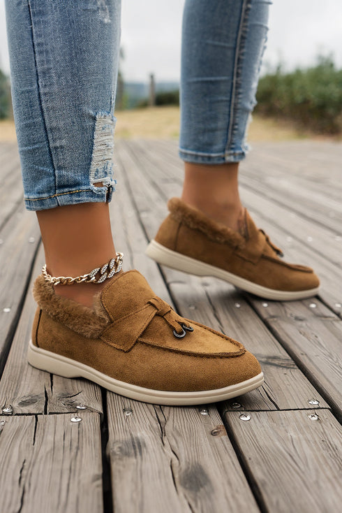 Soft Suede Furry Lined Slip On Flat Shoes
