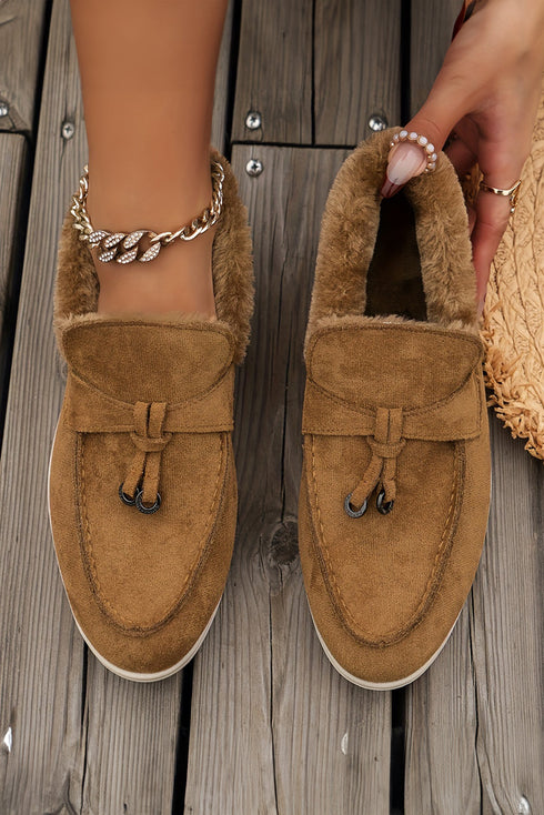 Soft Suede Furry Lined Slip On Flat Shoes