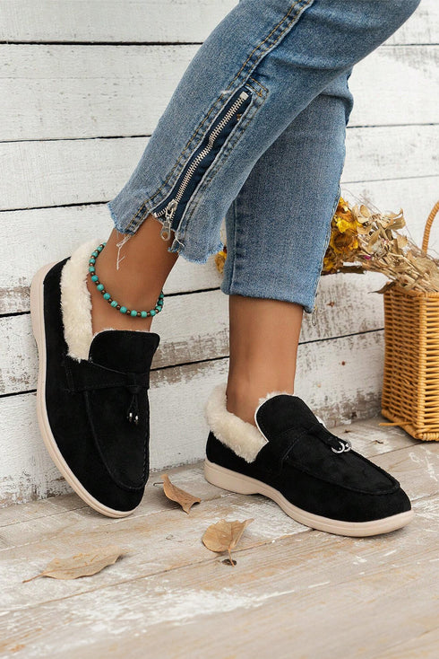 Soft Suede Furry Lined Slip On Flat Shoes