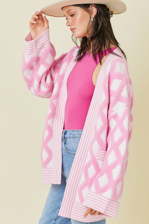 Soft Textured Argyle Pattern Open Front Cardigan