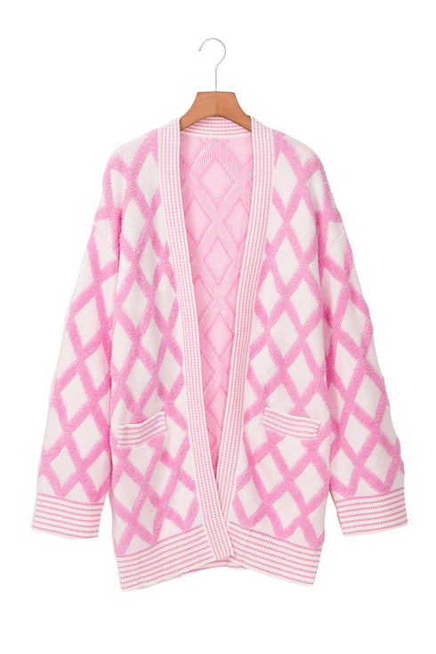 Soft Textured Argyle Pattern Open Front Cardigan