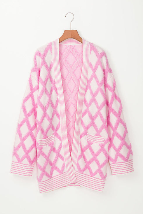 Soft Textured Argyle Pattern Open Front Cardigan