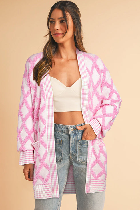 Soft Textured Argyle Pattern Open Front Cardigan