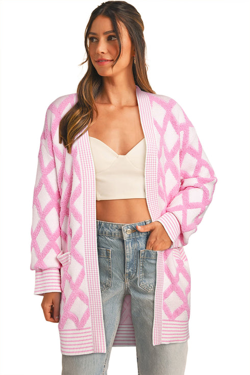 Soft Textured Argyle Pattern Open Front Cardigan
