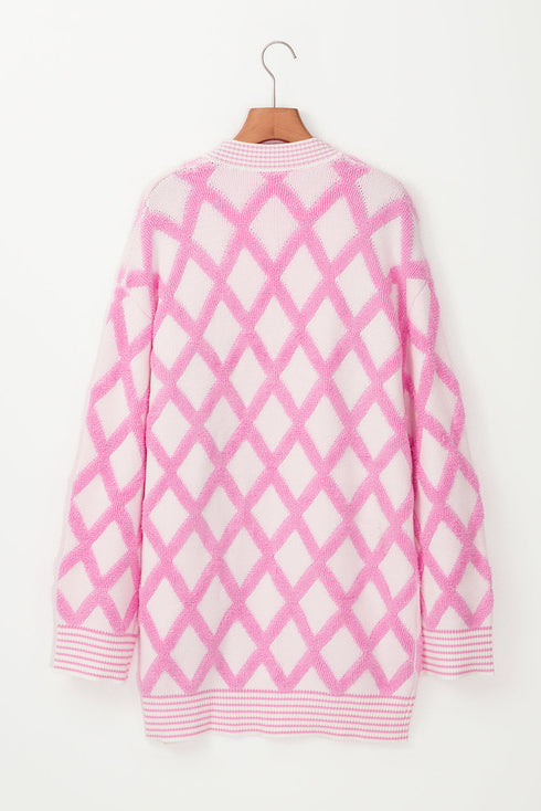 Soft Textured Argyle Pattern Open Front Cardigan