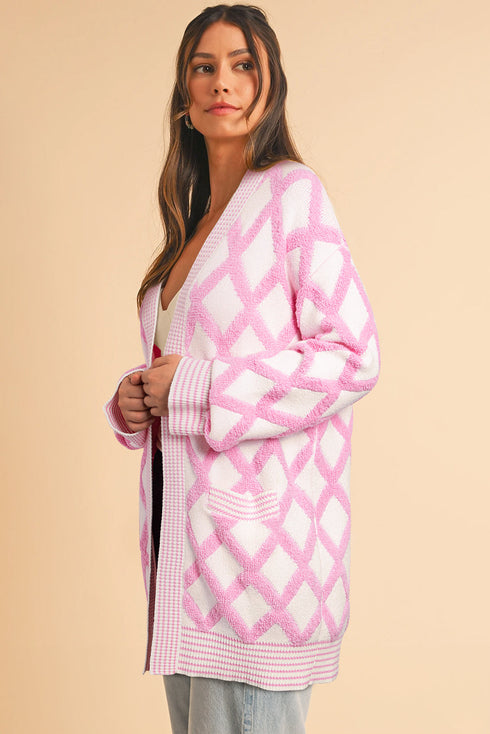 Soft Textured Argyle Pattern Open Front Cardigan