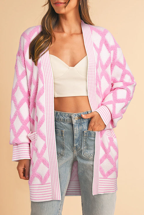 Soft Textured Argyle Pattern Open Front Cardigan