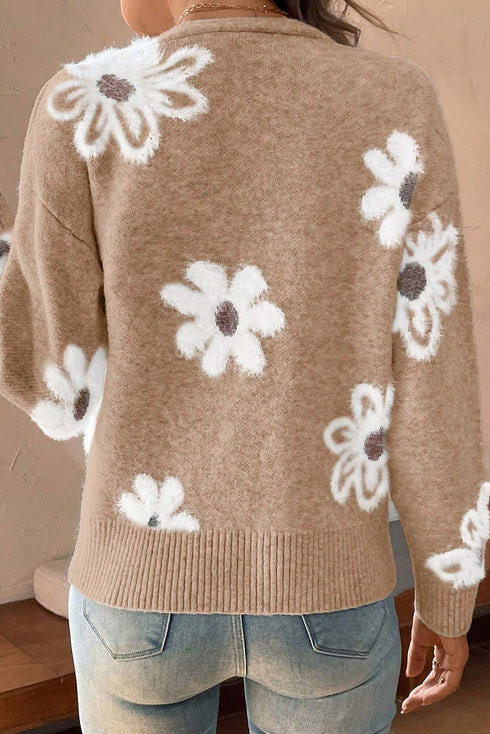 Soft Textured Floral Button Front V Neck Cardigan