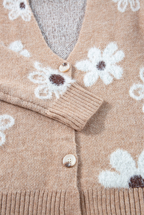 Soft Textured Floral Button Front V Neck Cardigan