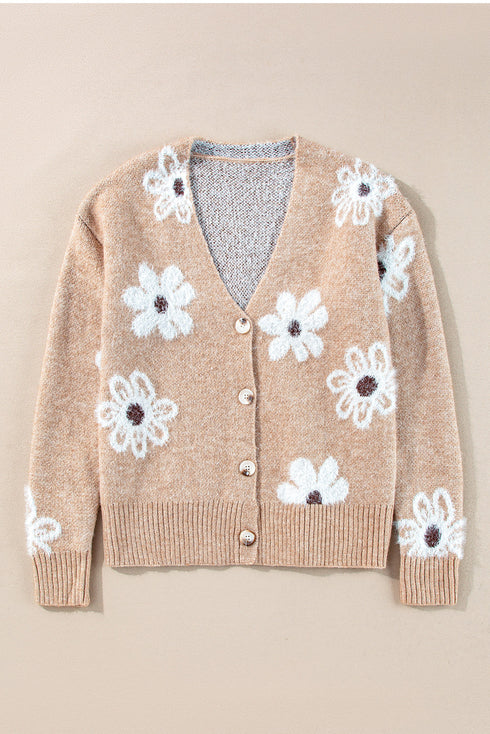 Soft Textured Floral Button Front V Neck Cardigan