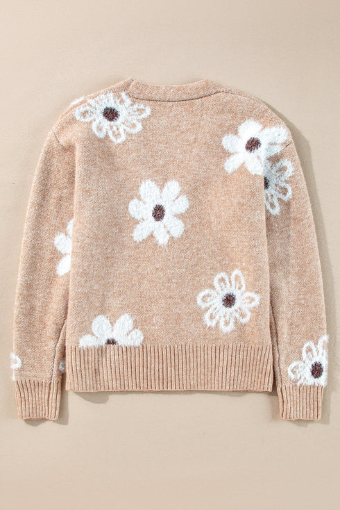 Soft Textured Floral Button Front V Neck Cardigan