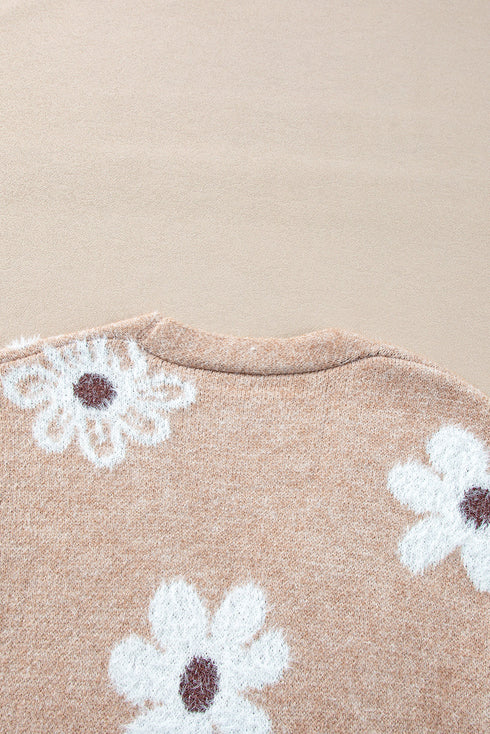 Soft Textured Floral Button Front V Neck Cardigan