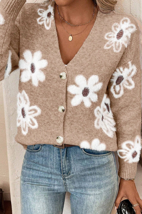 Soft Textured Floral Button Front V Neck Cardigan
