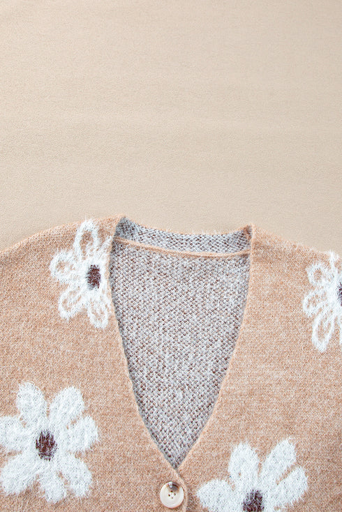 Soft Textured Floral Button Front V Neck Cardigan