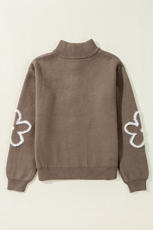 Soft Textured Floral Print Quarter Zip Long Sleeve Sweater