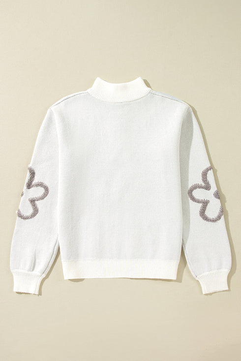 Soft Textured Floral Print Quarter Zip Long Sleeve Sweater