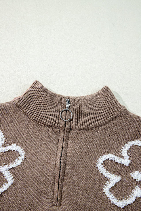 Soft Textured Floral Print Quarter Zip Long Sleeve Sweater