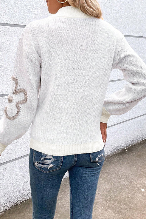 Soft Textured Floral Print Quarter Zip Long Sleeve Sweater