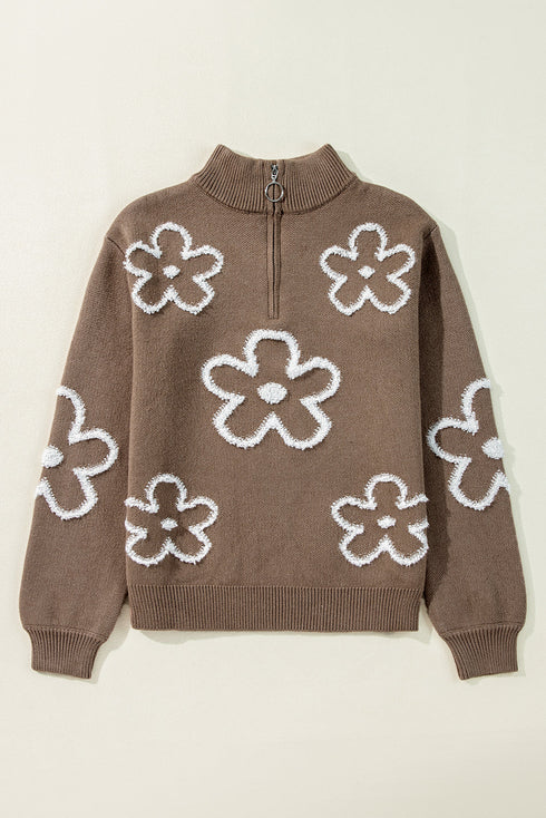 Soft Textured Floral Print Quarter Zip Long Sleeve Sweater