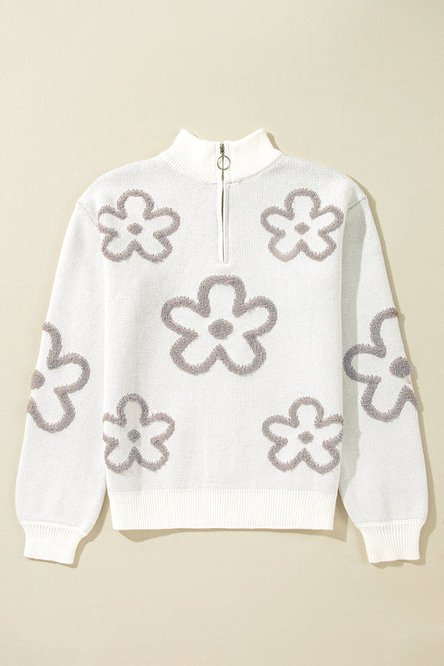 Soft Textured Floral Print Quarter Zip Long Sleeve Sweater
