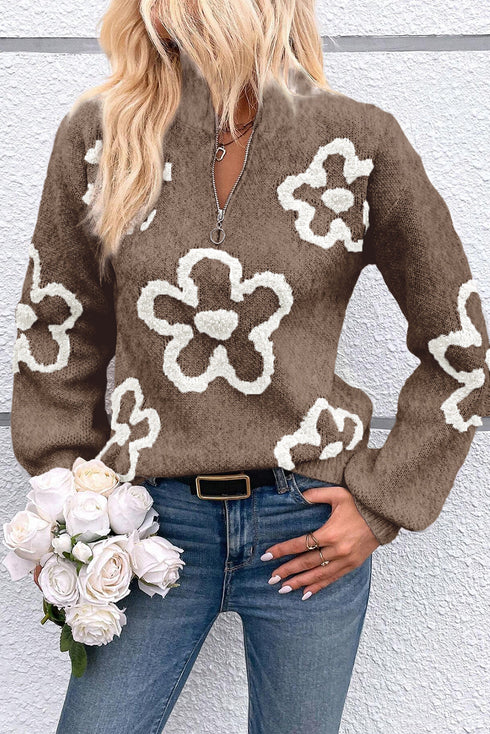 Soft Textured Floral Print Quarter Zip Long Sleeve Sweater