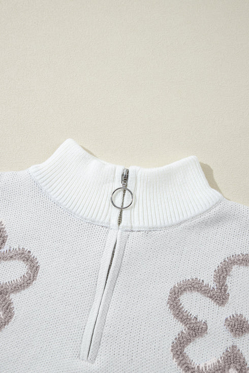 Soft Textured Floral Print Quarter Zip Long Sleeve Sweater