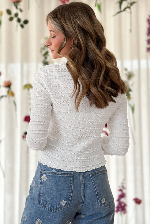 Soft Textured Jacquard Knit Slim Fit Long Sleeve Top