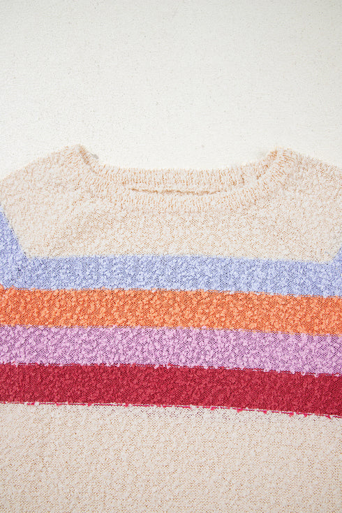 Soft Textured Knit Stripe Drop Shoulder Balloon Sleeve Sweater