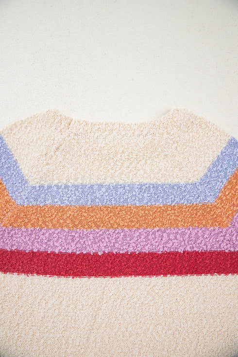 Soft Textured Knit Stripe Drop Shoulder Balloon Sleeve Sweater