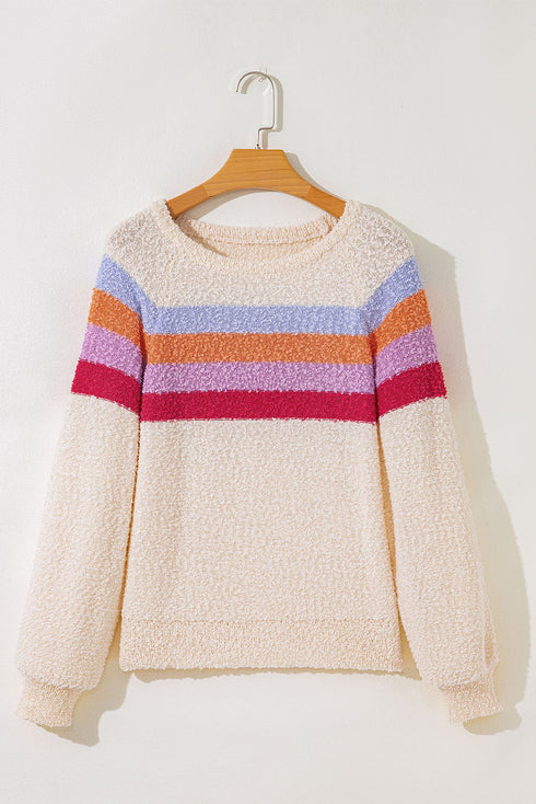 Soft Textured Knit Stripe Drop Shoulder Balloon Sleeve Sweater