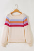 Soft Textured Knit Stripe Drop Shoulder Balloon Sleeve Sweater