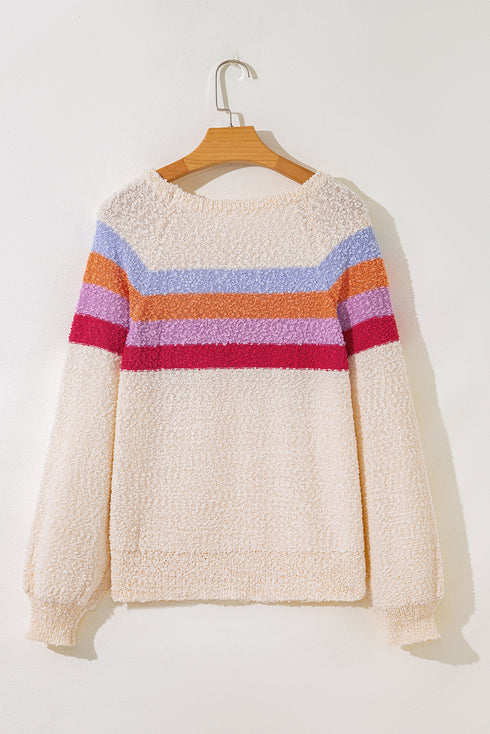 Soft Textured Knit Stripe Drop Shoulder Balloon Sleeve Sweater