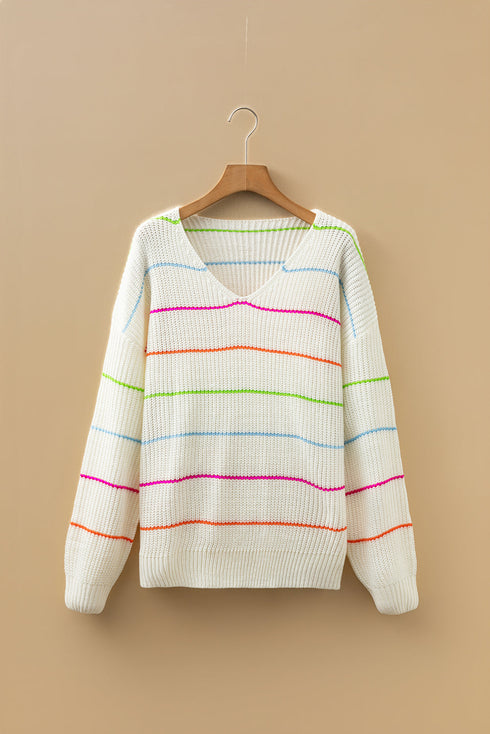 Soft Textured Striped V Neck Sweater