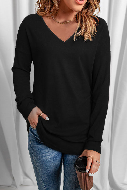 Soft V Neckline Knit Long Sleeve Pullover Top