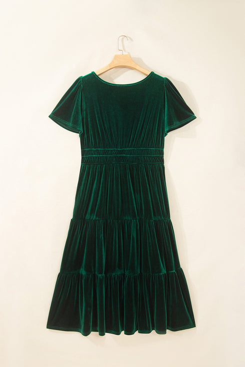 Soft Velvet Shirred Waist Tiered Short Sleeve Maxi Dress