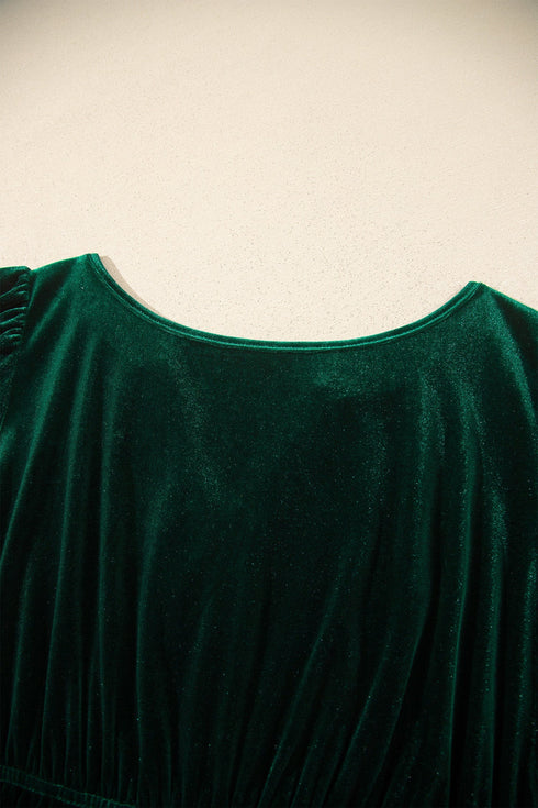 Soft Velvet Shirred Waist Tiered Short Sleeve Maxi Dress