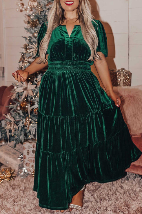 Soft Velvet Shirred Waist Tiered Short Sleeve Maxi Dress