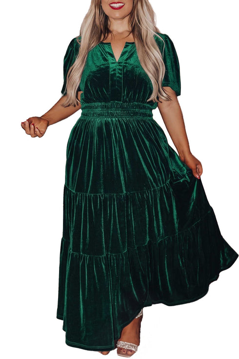 Soft Velvet Shirred Waist Tiered Short Sleeve Maxi Dress