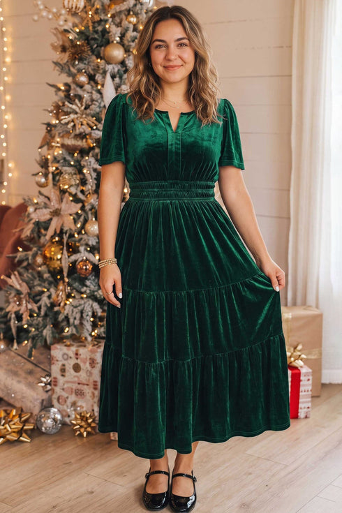 Soft Velvet Shirred Waist Tiered Short Sleeve Maxi Dress