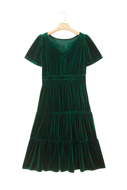 Soft Velvet Shirred Waist Tiered Short Sleeve Maxi Dress