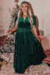 Soft Velvet Shirred Waist Tiered Short Sleeve Maxi Dress