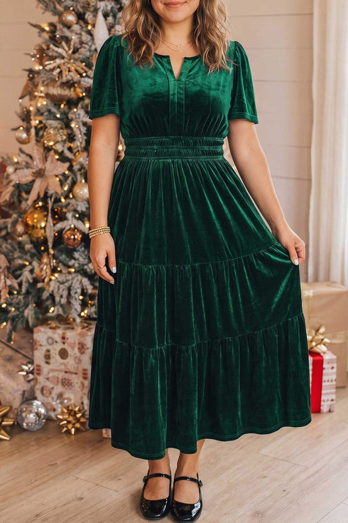 Soft Velvet Shirred Waist Tiered Short Sleeve Maxi Dress