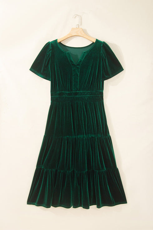 Soft Velvet Shirred Waist Tiered Short Sleeve Maxi Dress