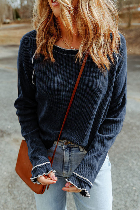 Soft Waffle Knit Exposed Seam Raglan Top